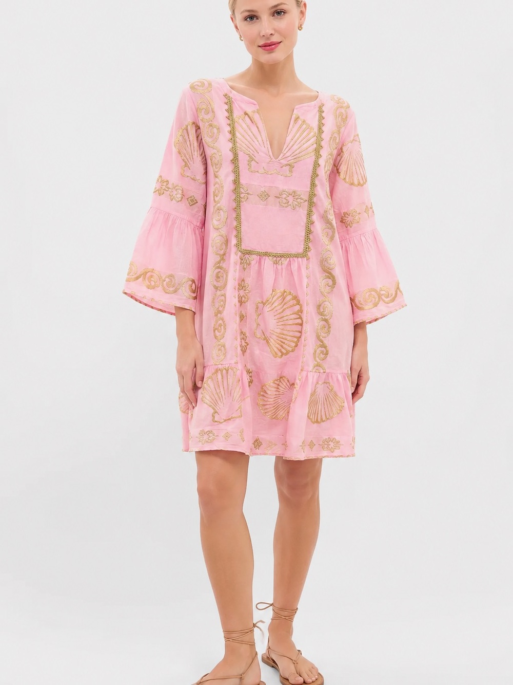 NEMA Resort Wear Pink Gold Seashell Embroidered Mini Dress S/M Greece